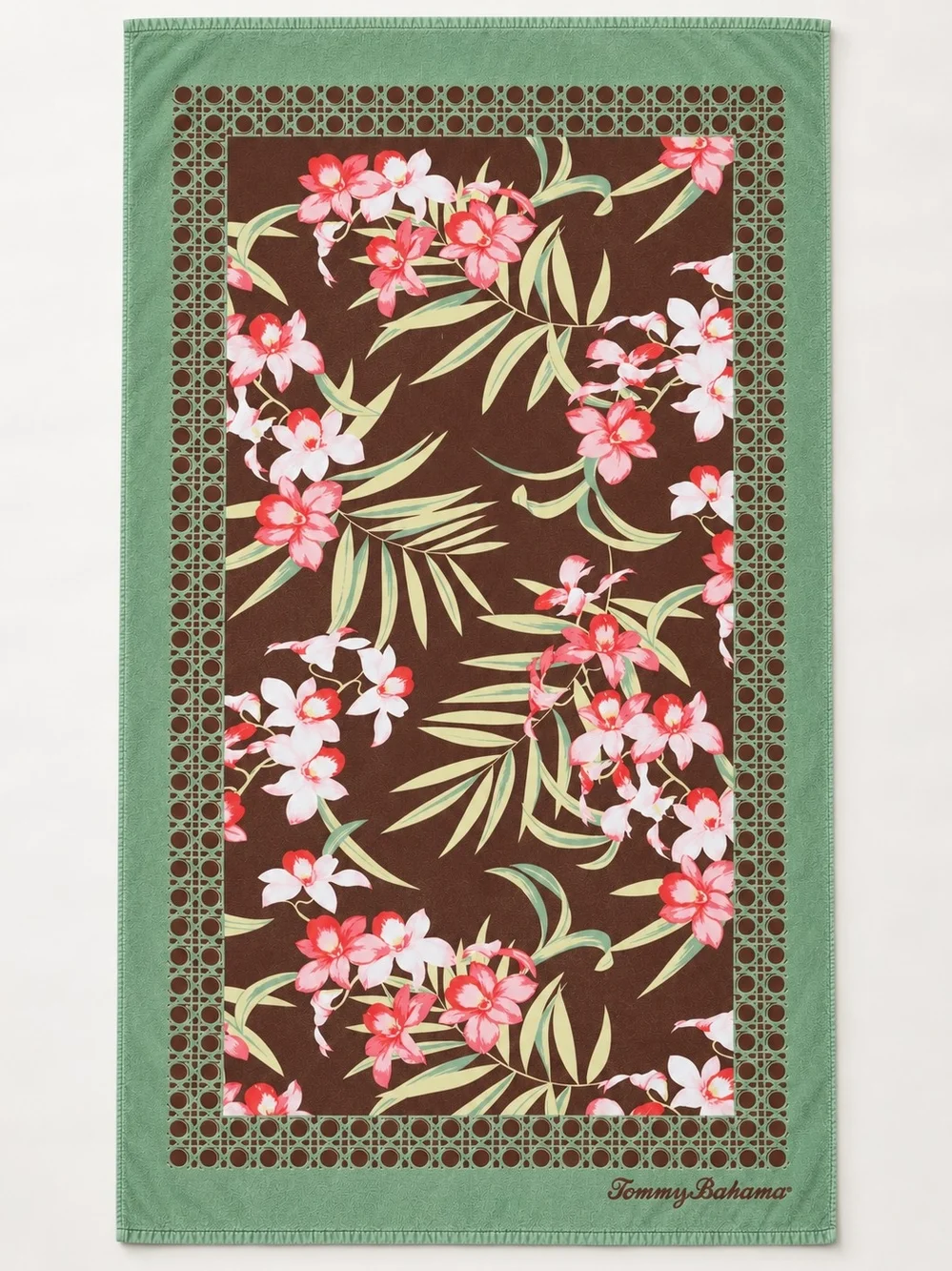 Tommy Bahama Brown Floral Center Beach Towel with Green Border
